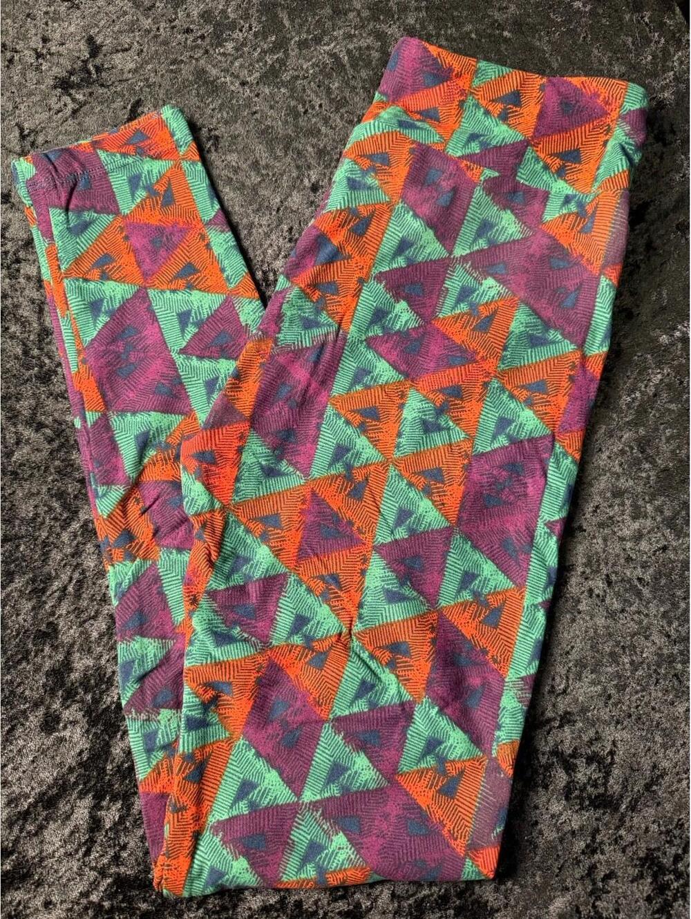LuLaRoe One Size OS Leggings Purple Blue Green Red Triangles Soft High Rise NWOT